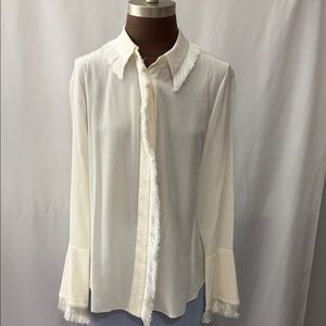 Alexis Elegant Ivory Fringe-Trim Button Down Blouse Size M